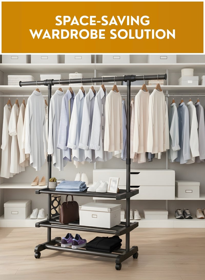Zefzon Heavy Duty Adjustable Clothes Rack with Wheels & Storage Shelves – Metal Garment Hanging Rail Stand, Rolling Clothing Rack Organizer for Bedroom, Laundry, Boutique & Retail - Image 3
